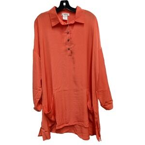 Paisley Vine BOHO Top Womens Sz 1X Coral 1/4 Button Lagenlook Long Sleeve Casual